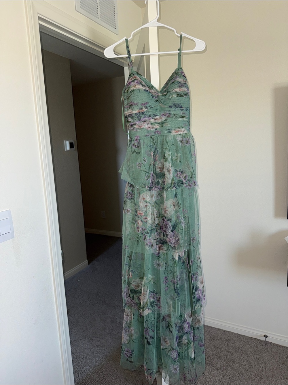David’s Bridal Green Floral Maxi Dress with Sheer Overlay